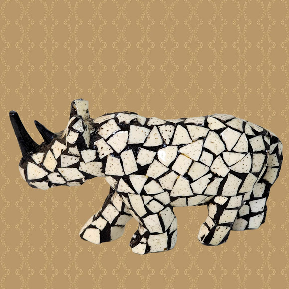 Black & White Mosiac Tile Rhinoceros Figurine African Home Decor Accent 5